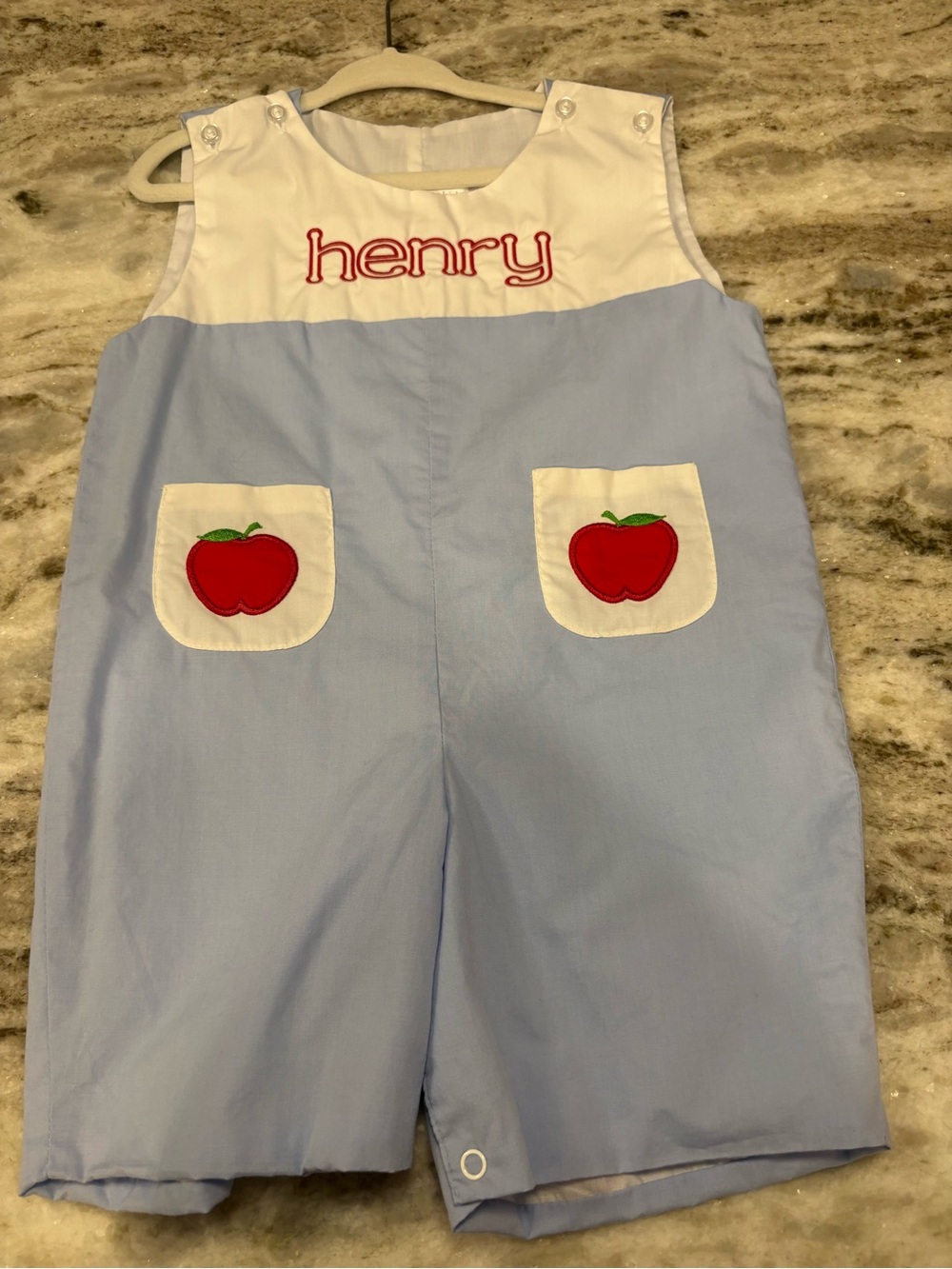 Light Blue Kids Romper with Red Apple Pockets Henry embroidery